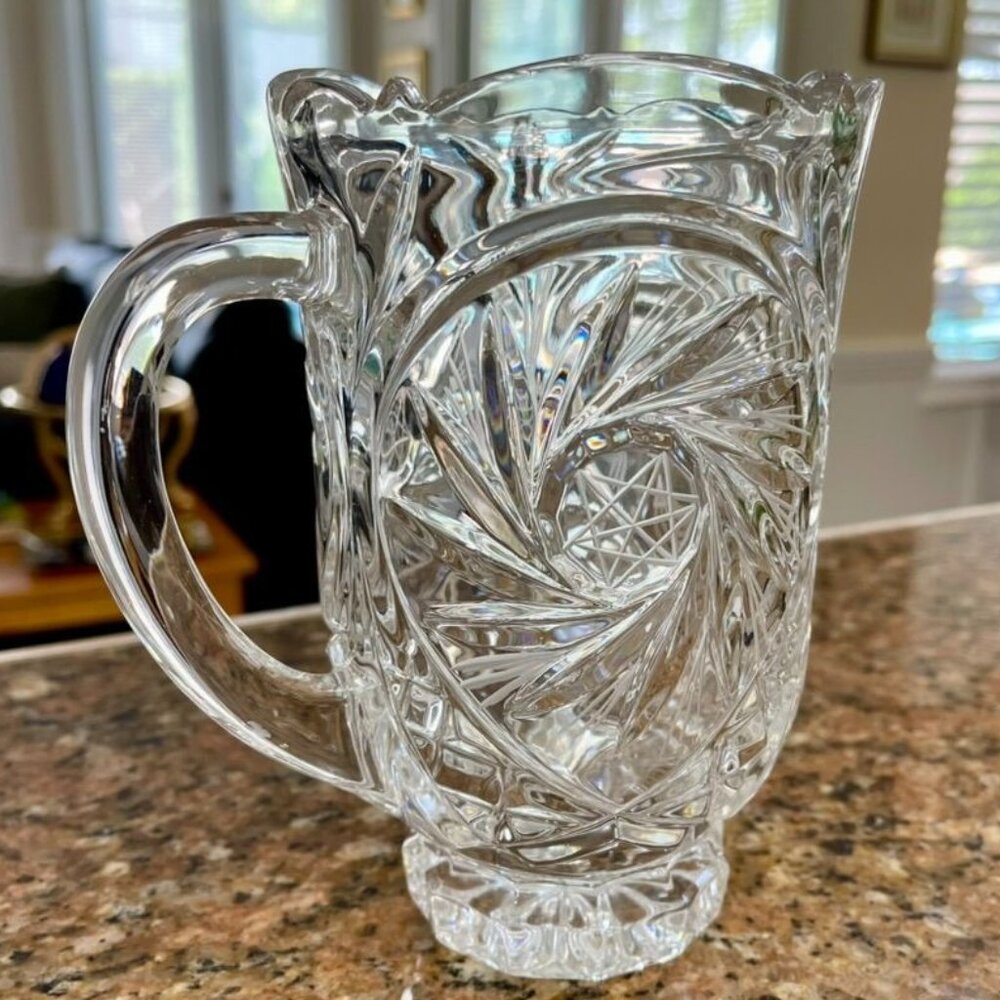 Authentic Bohemia Crystal Pitcher, Vintage Cut Glass with Starburst Leaf Pattern